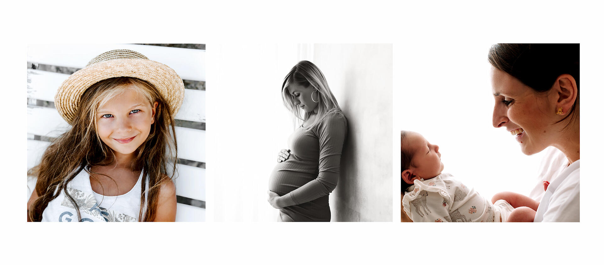 Od brzuszka do radosnego dzieciństwa Kolaż fotografii rodzinnej Anny Janowskiej: portret dziewczynki w kapeluszu, czarno-biała sesja ciążowa oraz uśmiechnięta mama z noworodkiem. Kompleksowa oferta fotografii dziecięcej i rodzinnej w Krakowie.